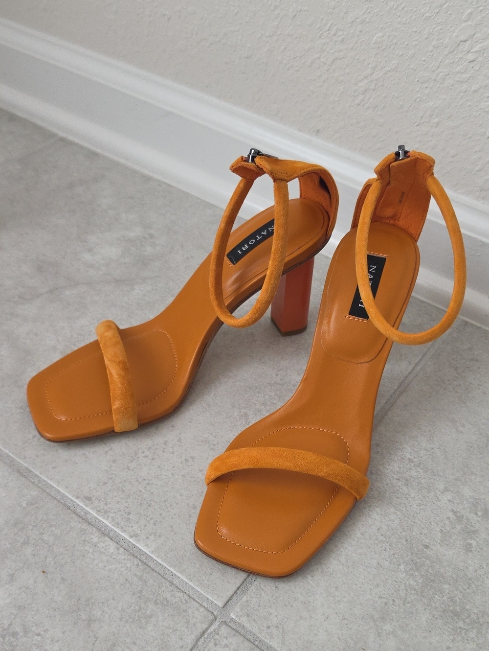 Natori Orange Suede Ankle-Strap Block Heel Sandals